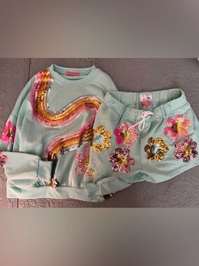 Simply Southern Mint Green Sequin Floral Sweatshirt and Shorts Matching Set